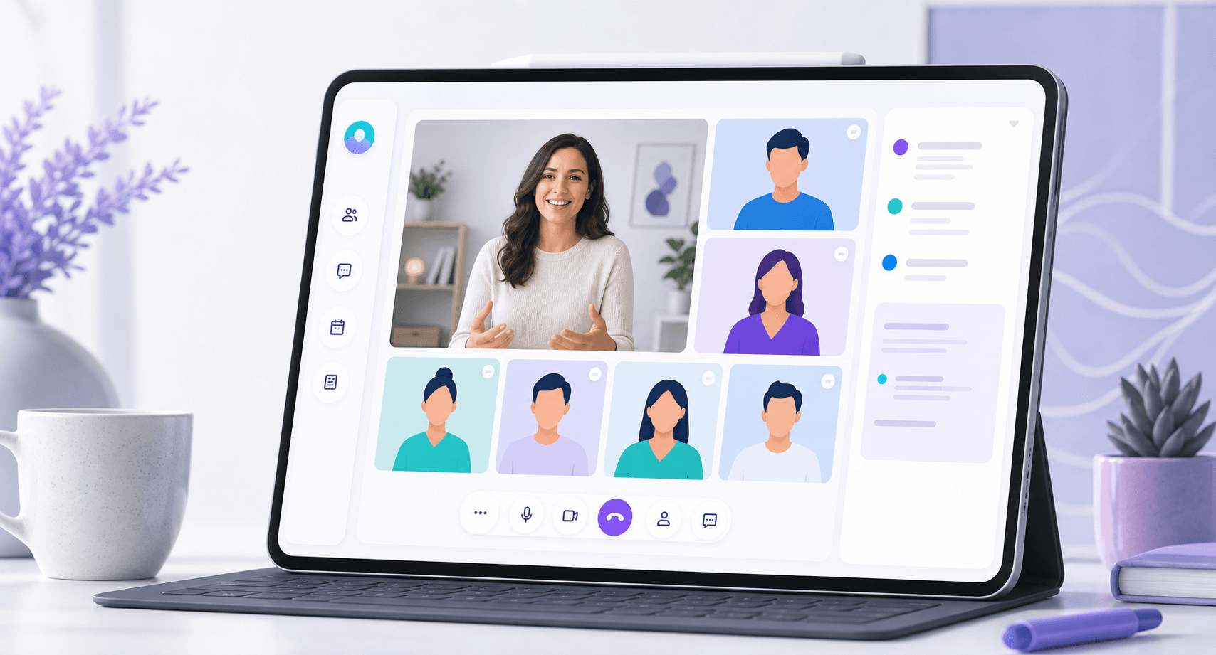 Videollamada elegante con una facilitadora y participantes en una sesión de aprendizaje